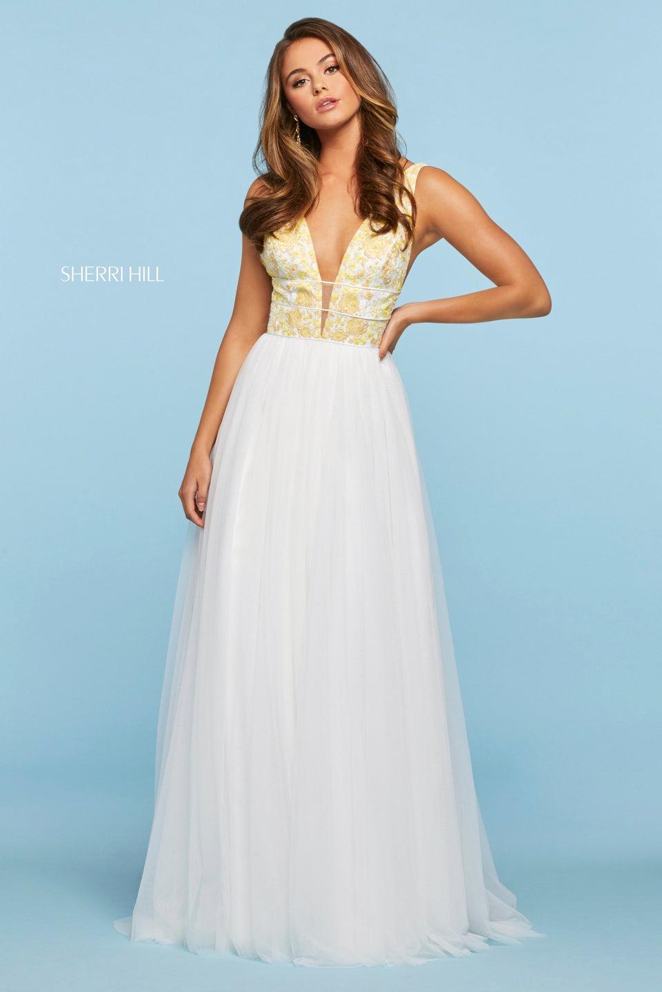 Sherri Hill Embroidered Plunging Neckline Bodice With Chiffon Skirt