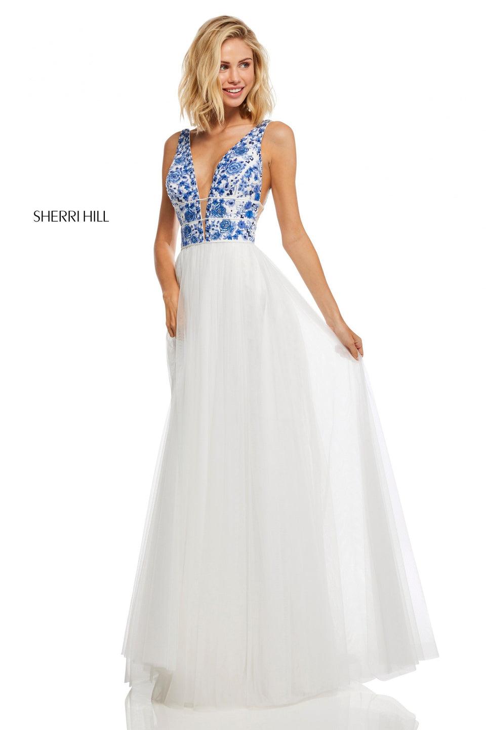 sherri hill Embroidered plunging neckline bodice with chiffon skirt