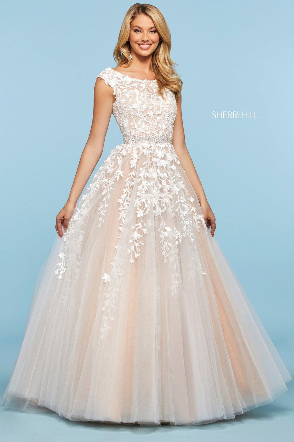 Sherri Hill Embroidered Tulle Ball Gown With Cap Sleeve Bodice Beaded Belt And Lace Up Back