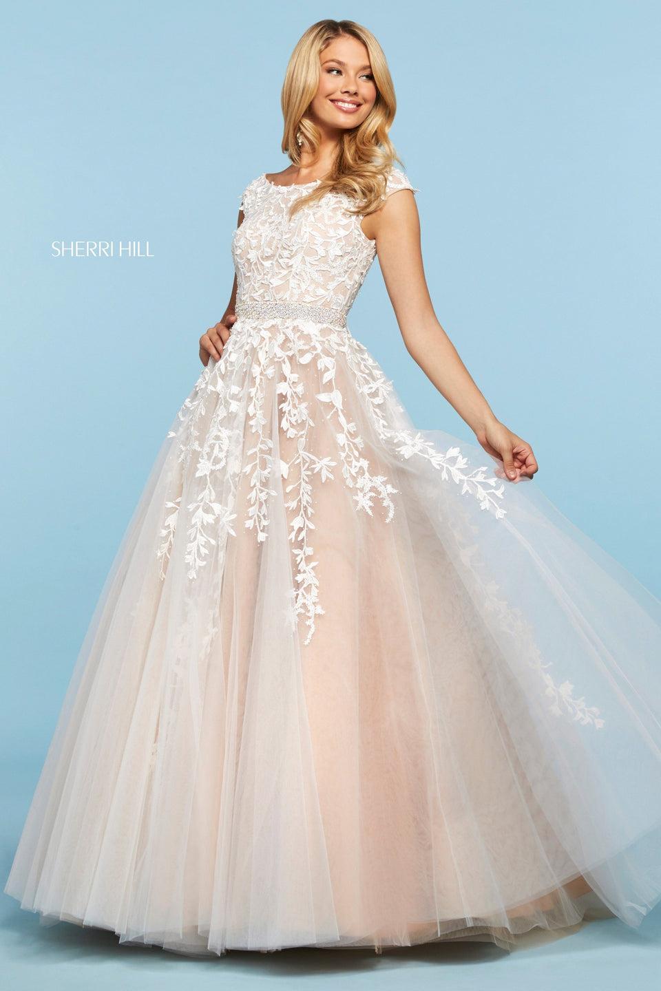 Sherri Hill Embroidered Tulle Ball Gown With Cap Sleeve Bodice Beaded Belt And Lace Up Back