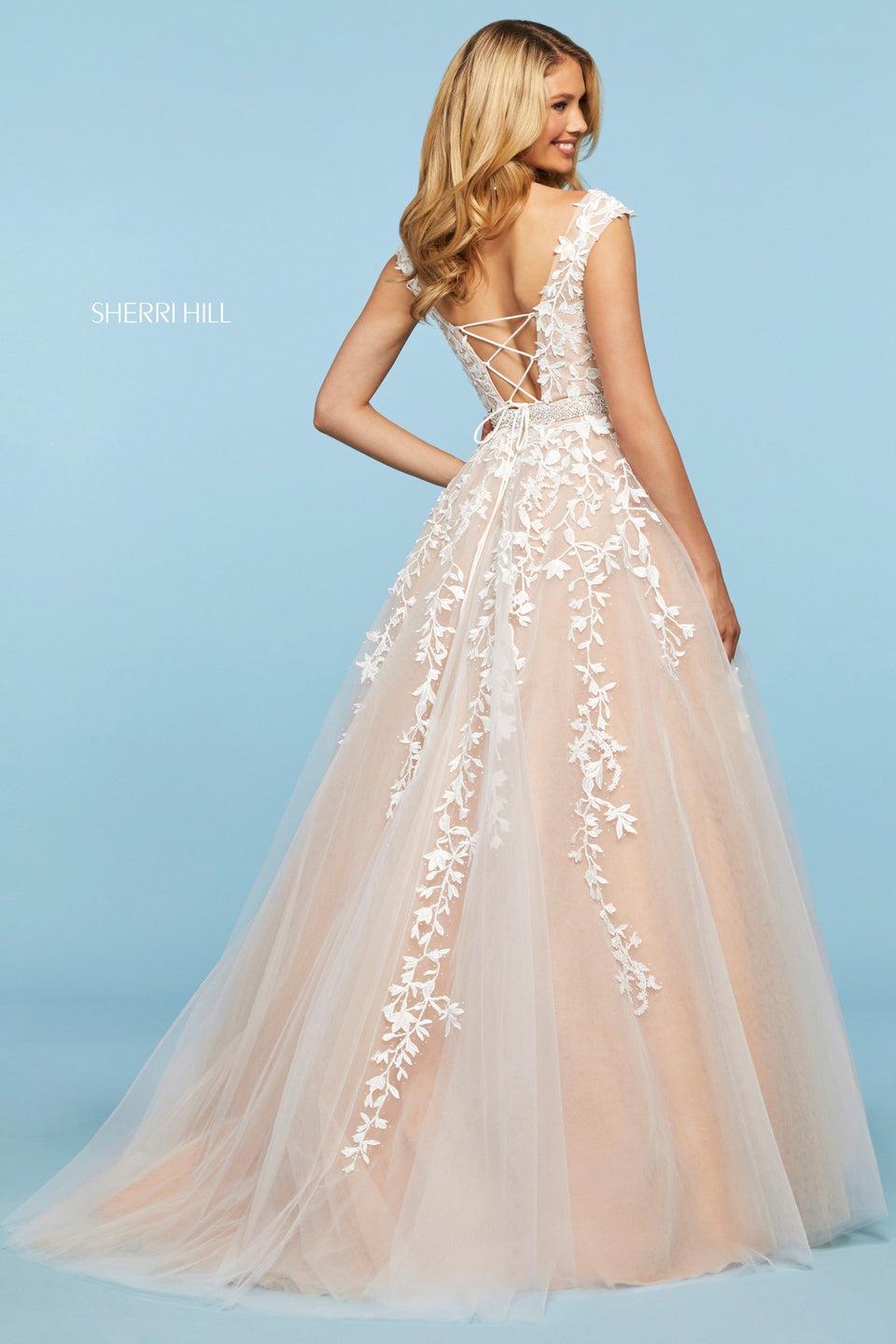 Sherri Hill Embroidered Tulle Ball Gown With Cap Sleeve Bodice Beaded Belt And Lace Up Back