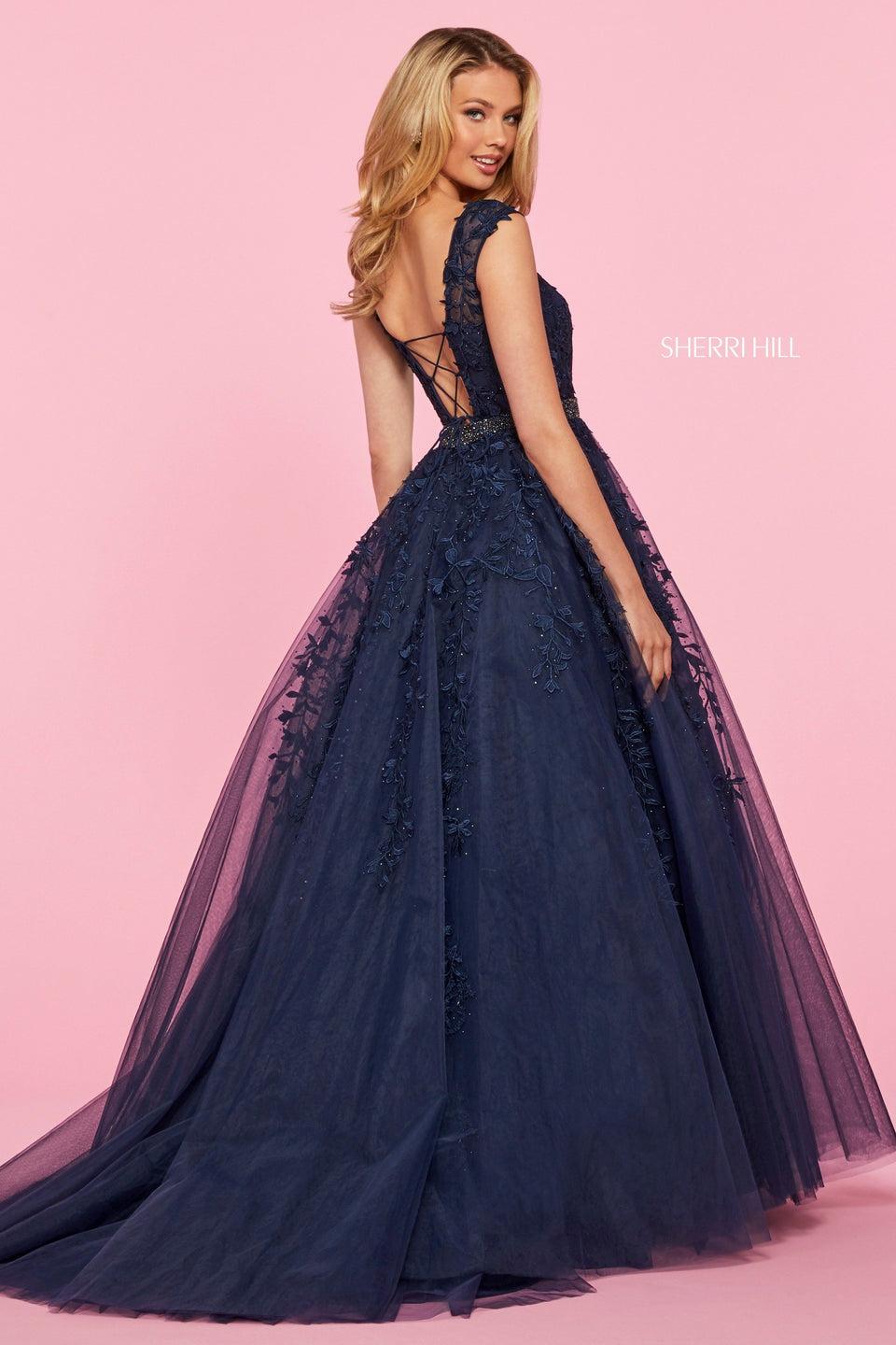 sherri hill Embroidered tulle ball gown with cap sleeve bodice beaded belt and lace up back