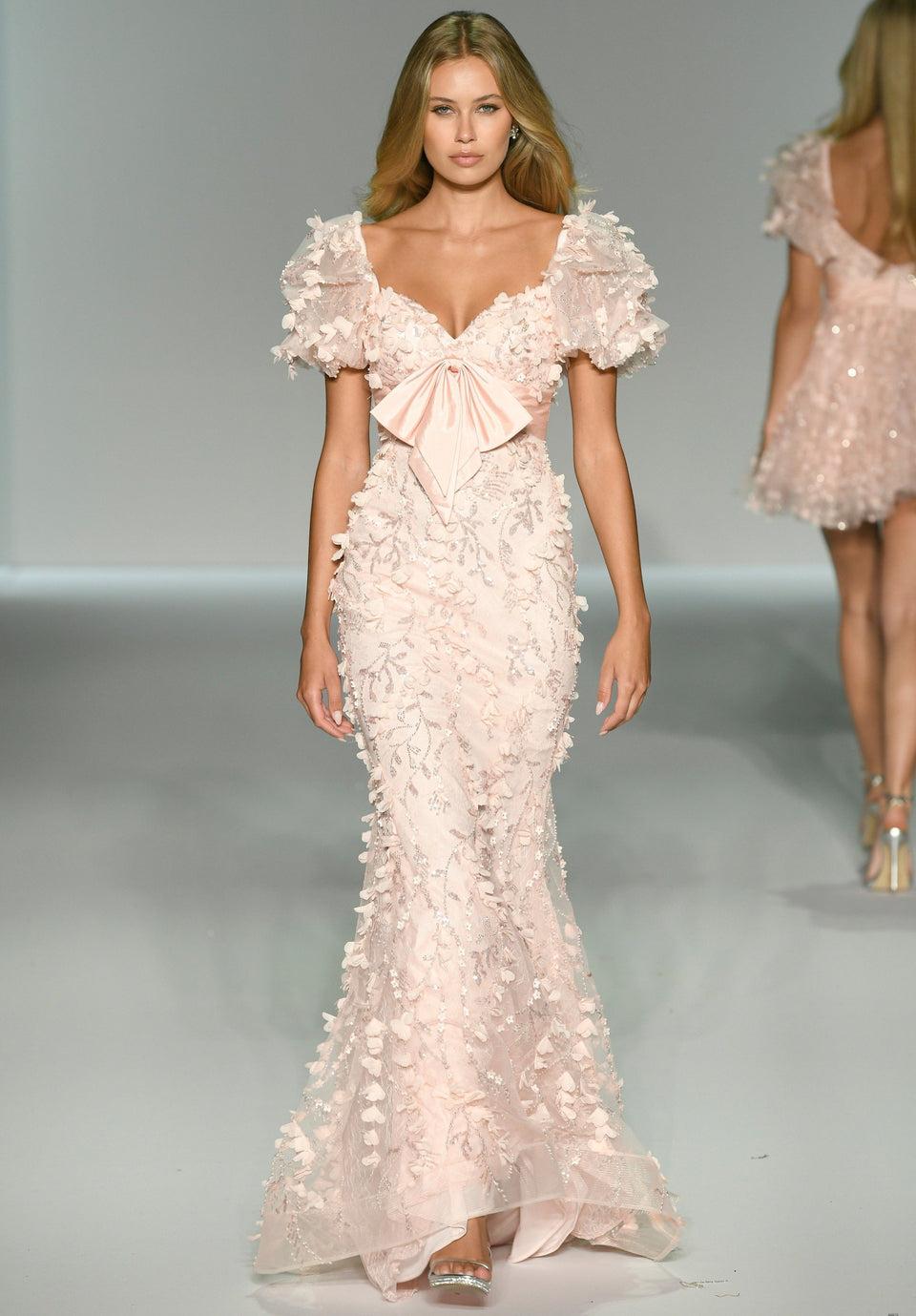 Sherri Hill Fitted 3D Flower Gown With A Bow And Ballon Sleeves