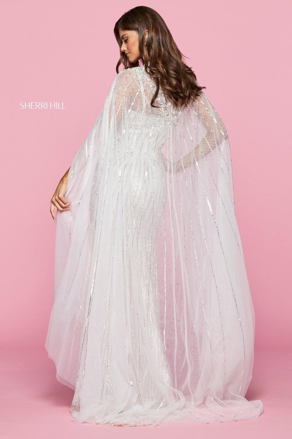 Sherri Hill Fitted Art-deco Pattern Beaded Gown With V Neckline And Embellished Tulle Cape