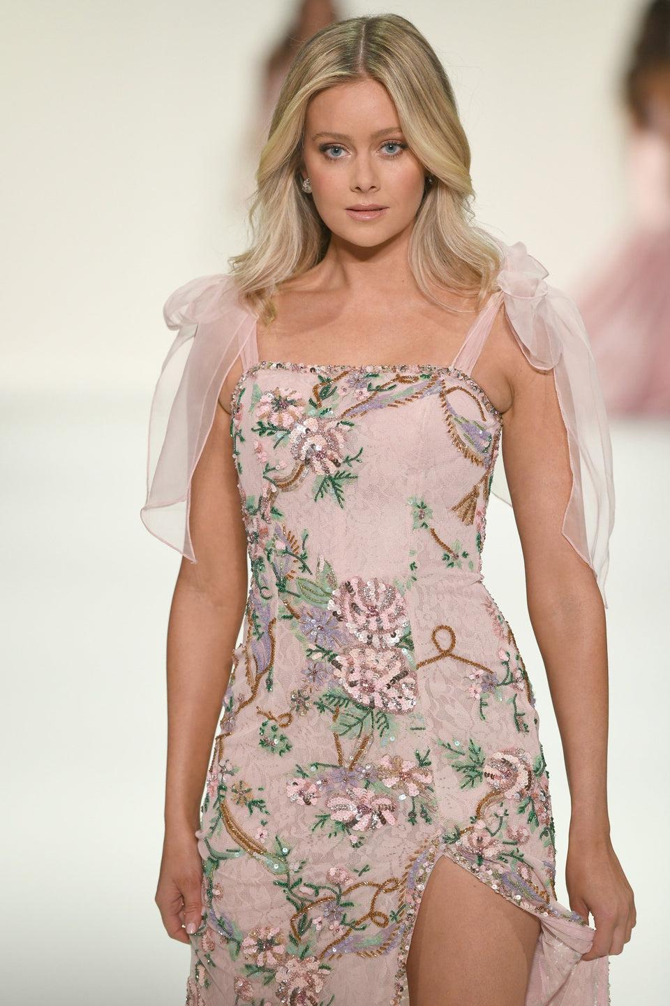 Sherri Hill Fitted Beaded Floral Gown With Chiffon Bows On Shoulders And A Skirt Slit