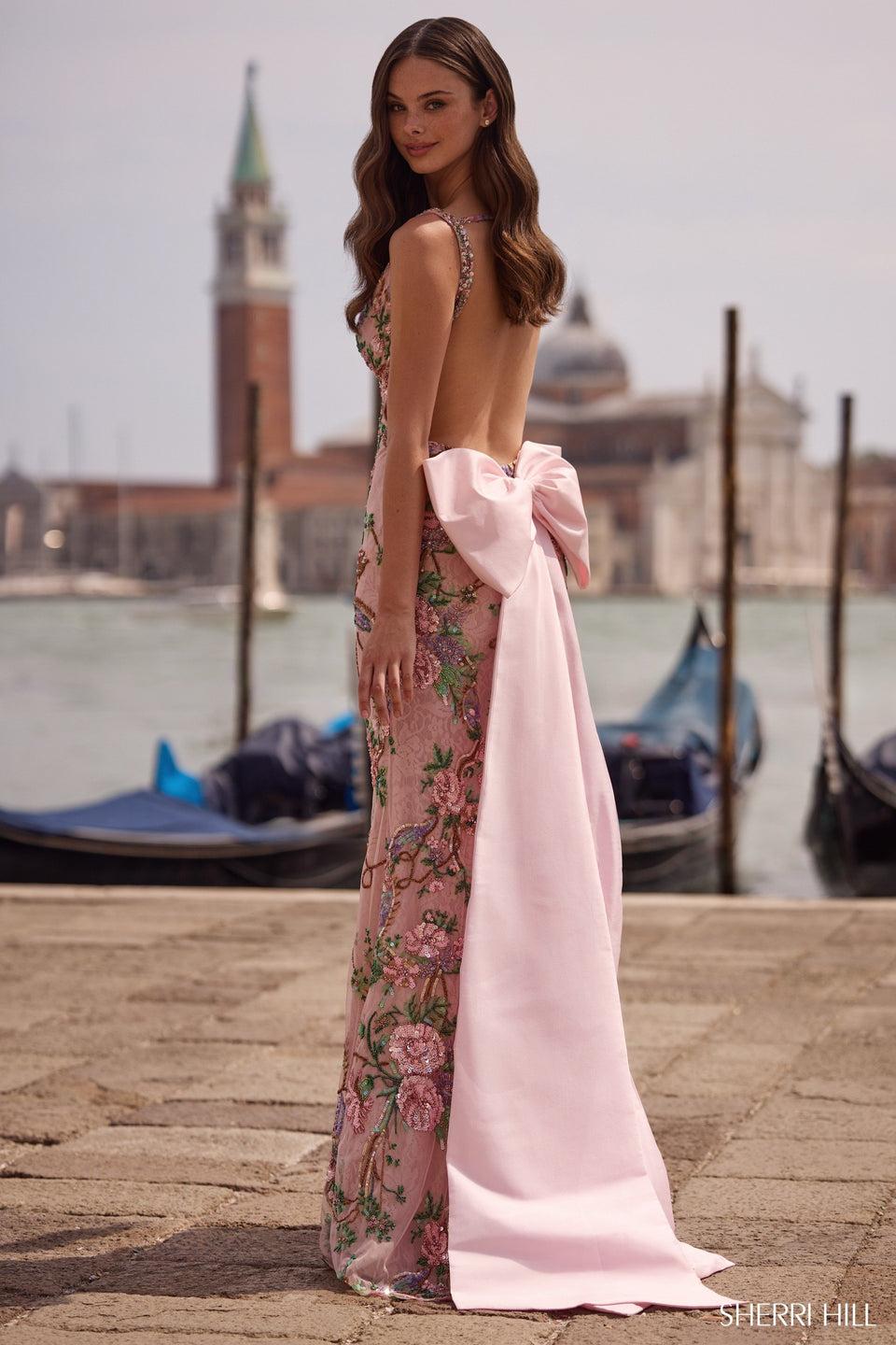 Sherri Hill Fitted Beaded Floral Gown With Open Back And A Detachable Bow