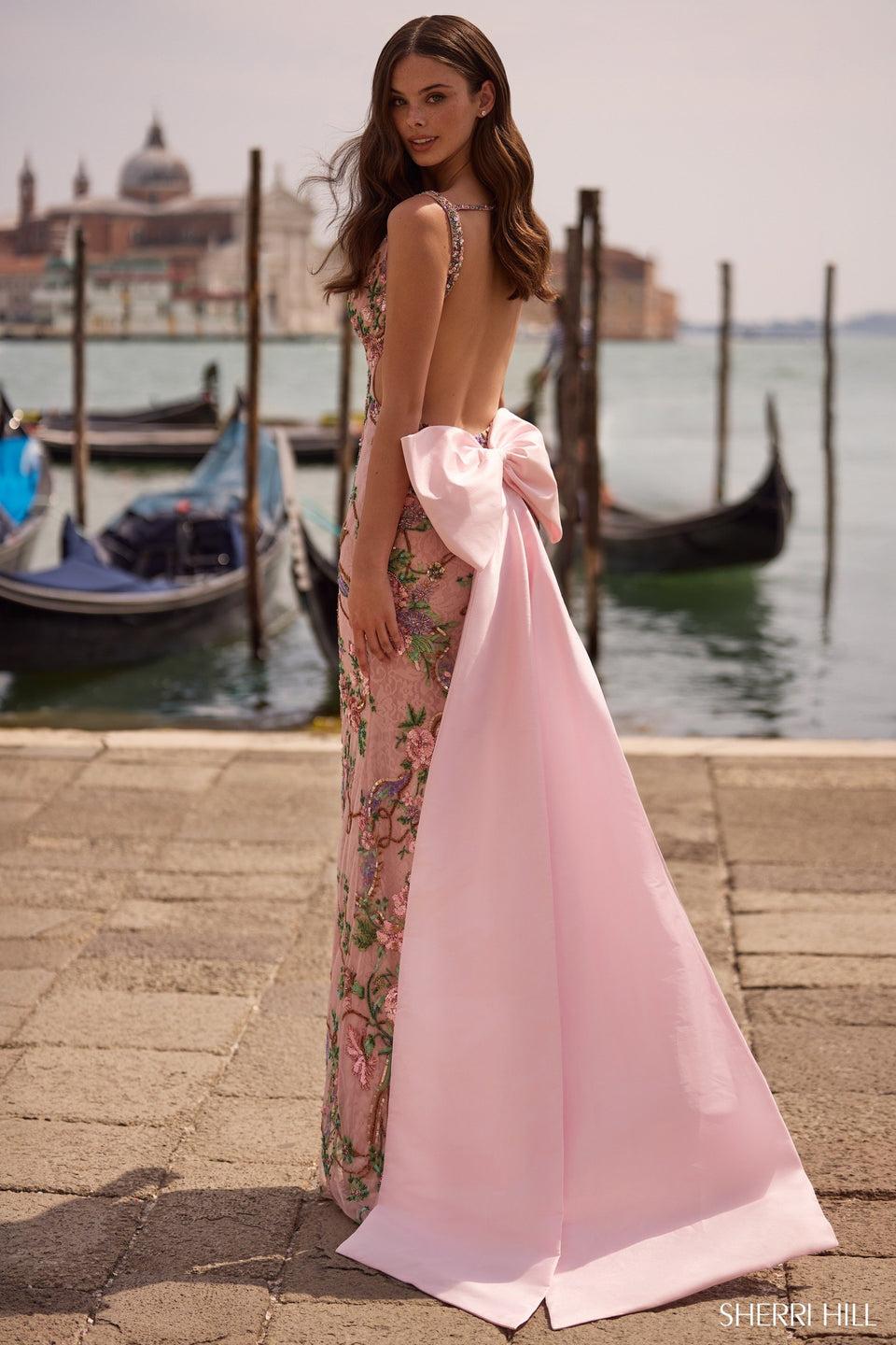 sherri hill Fitted beaded floral gown with open back and a detachable bow