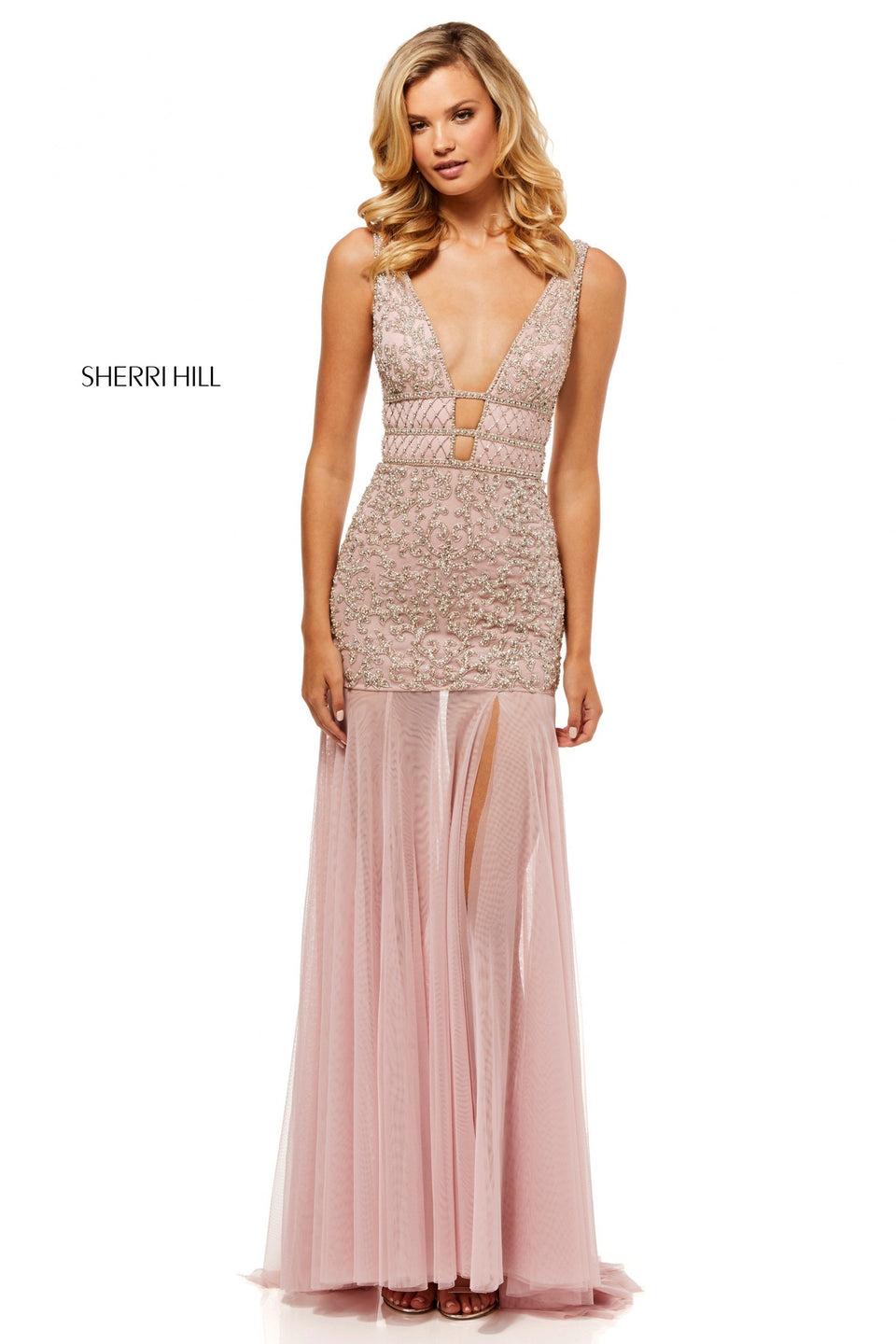 Sherri Hill Fitted Beaded Gown With A Sheer Tulle Skirt