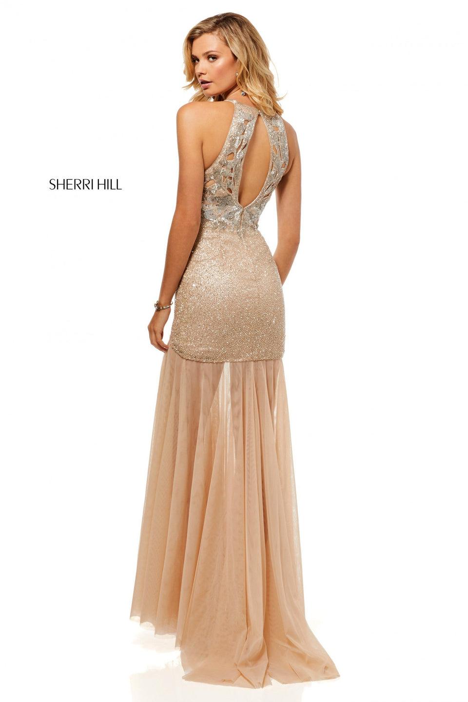 Sherri Hill Fitted Beaded Gown With A Sheer Tulle Skirt And Beaded Back Detail