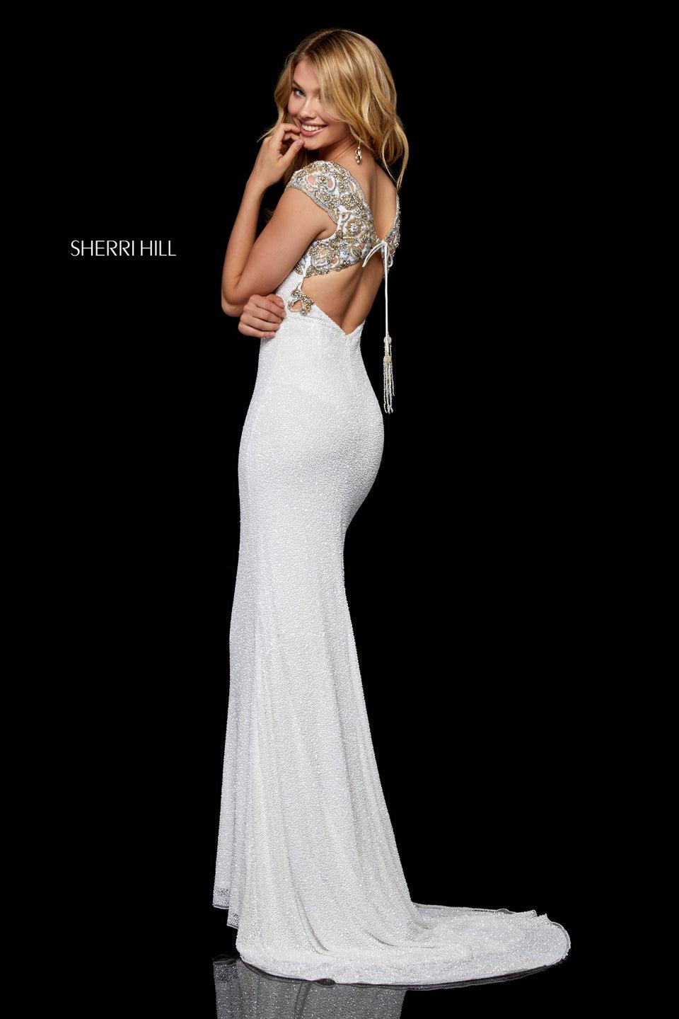 sherri hill Fitted beaded gown with bead encrusted cap sleeve and open back