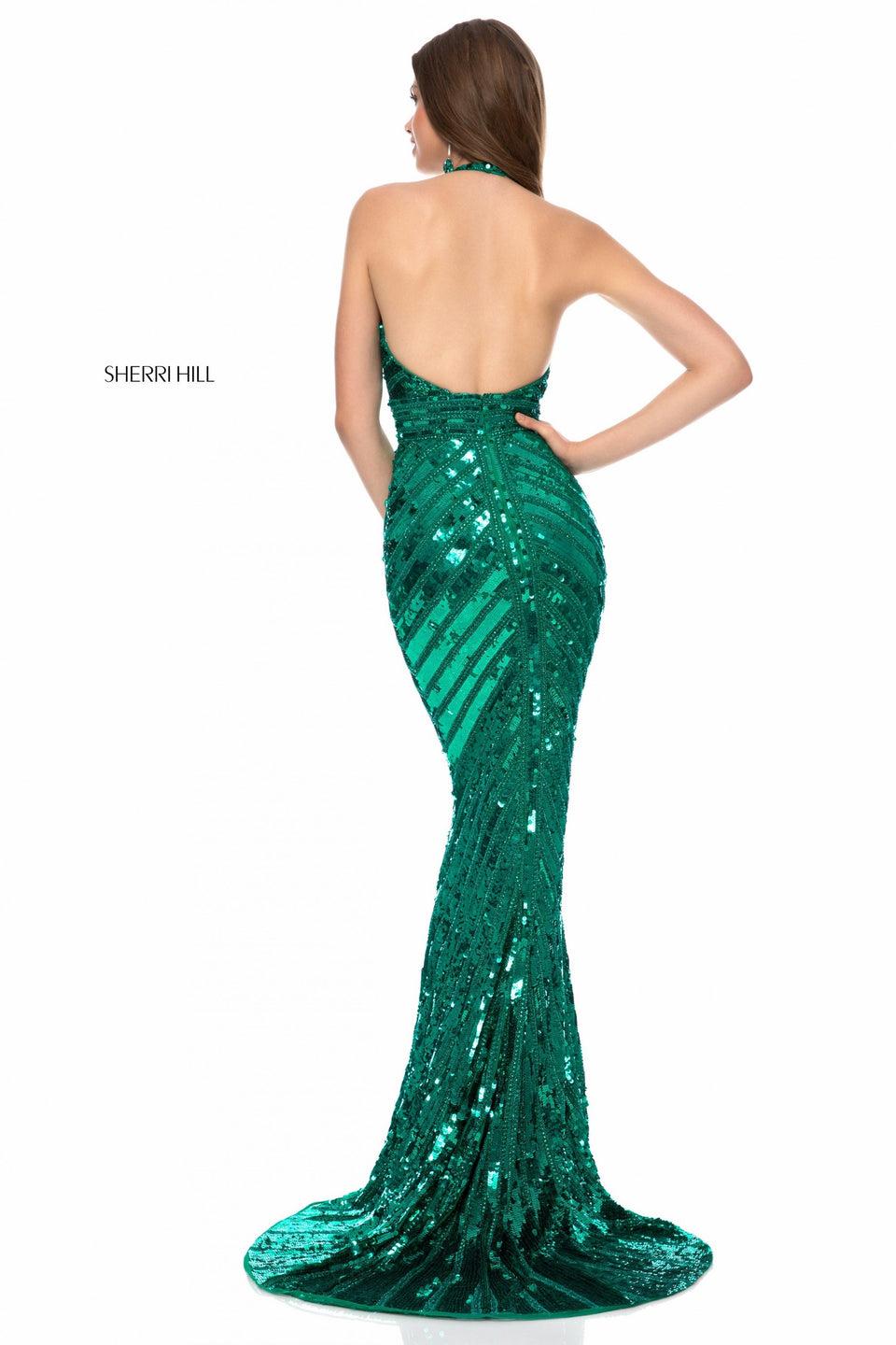 Sherri Hill Fitted Beaded Gown With Deep V Halter Bodice