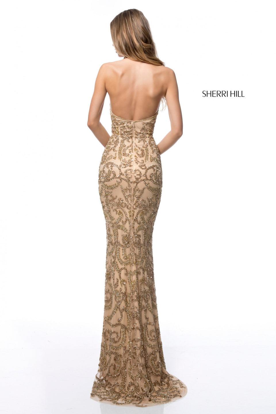 Sherri Hill Fitted Beaded Gown With Deep V Halter Bodice