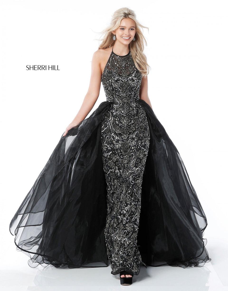 Sherri Hill Fitted Beaded Gown With Halter Bodice And Organza Tulle Overskirt