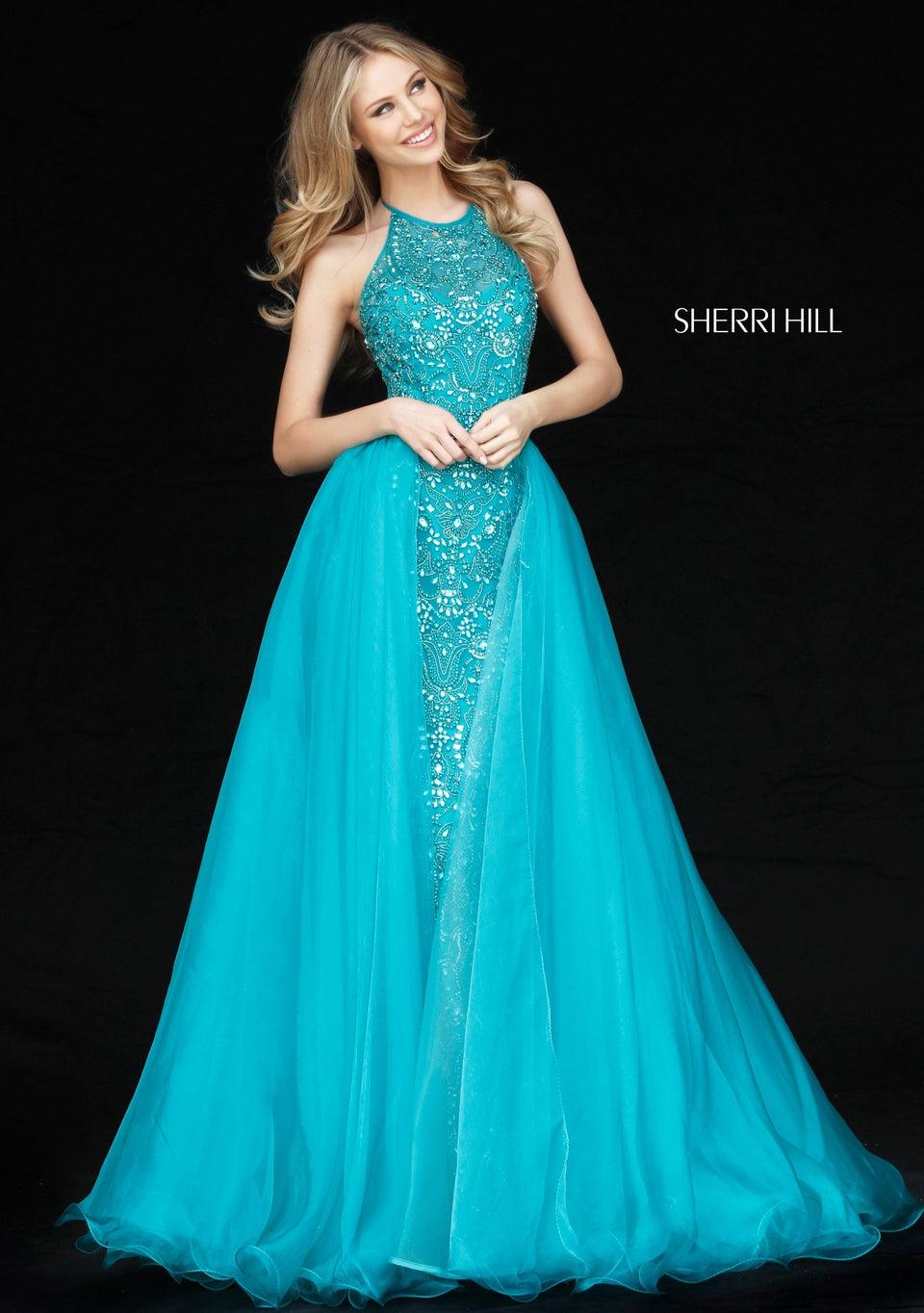 sherri hill Fitted beaded gown with halter bodice and organza tulle overskirt