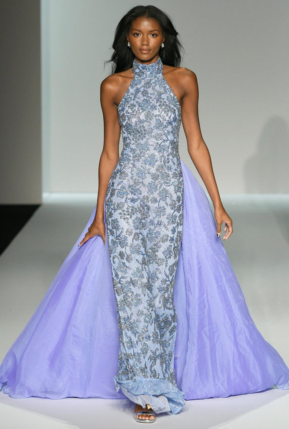 sherri hill Fitted beaded gown with high neckline and organza over skirt
