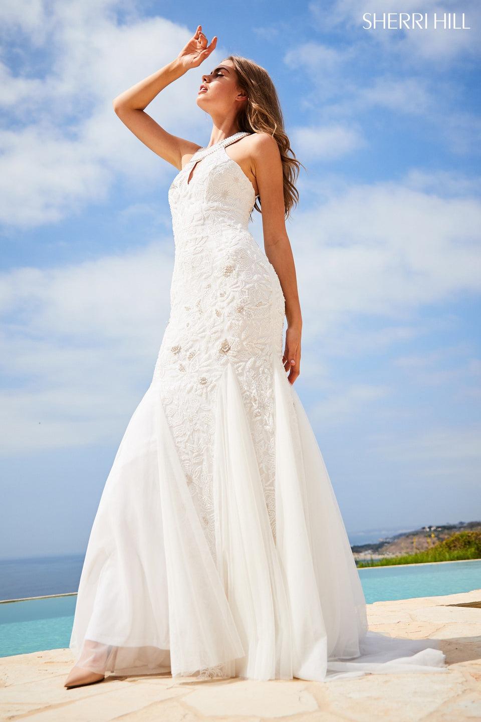 Sherri Hill Fitted Beaded Gown With Keyhole Bodice Cut Out Back And Tulle Mermaid Skirt