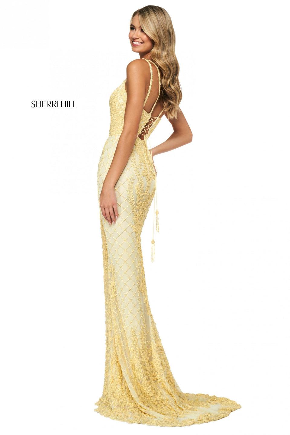 Sherri Hill Fitted Beaded Pattern Gown With A V Sweetheart Neckine And Lace Up Back