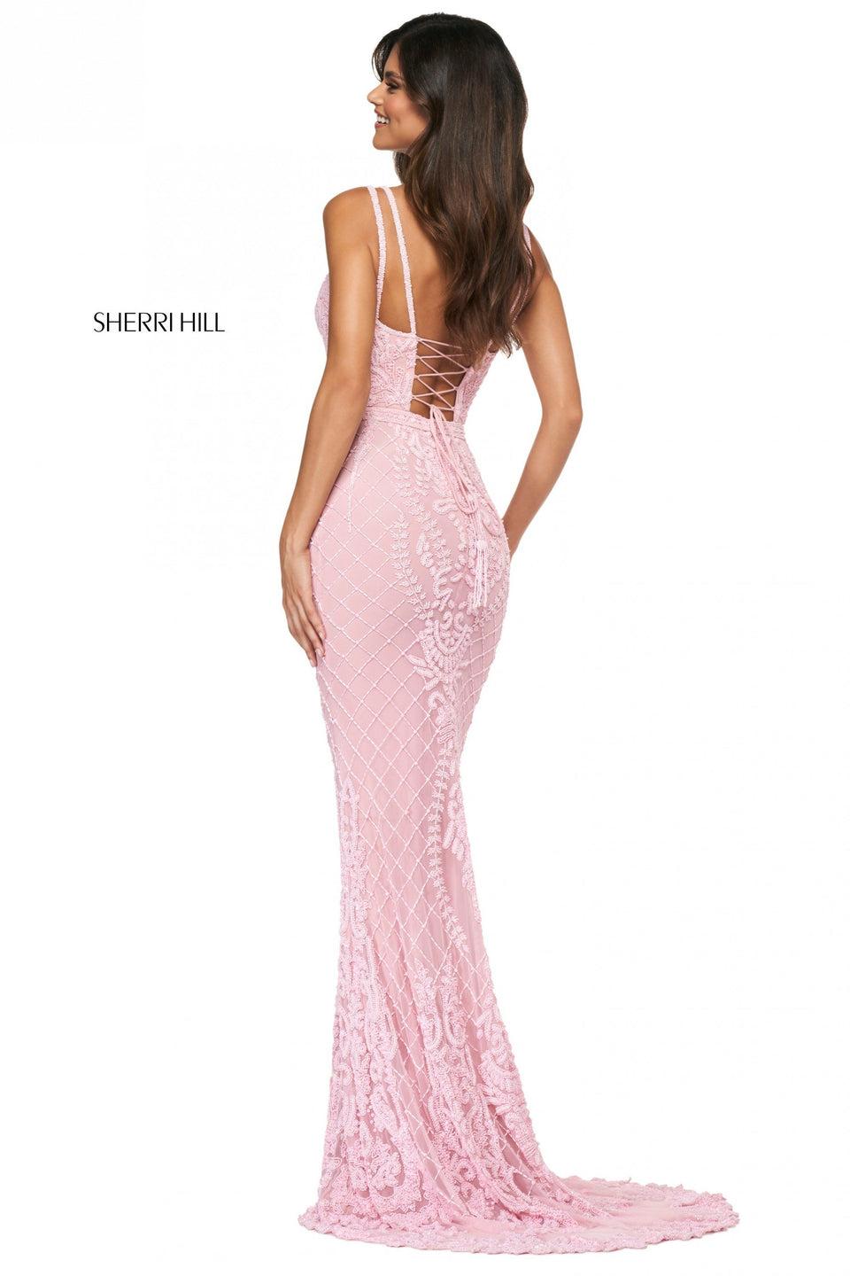 Sherri Hill Fitted Beaded Pattern Gown With A V Sweetheart Neckine And Lace Up Back