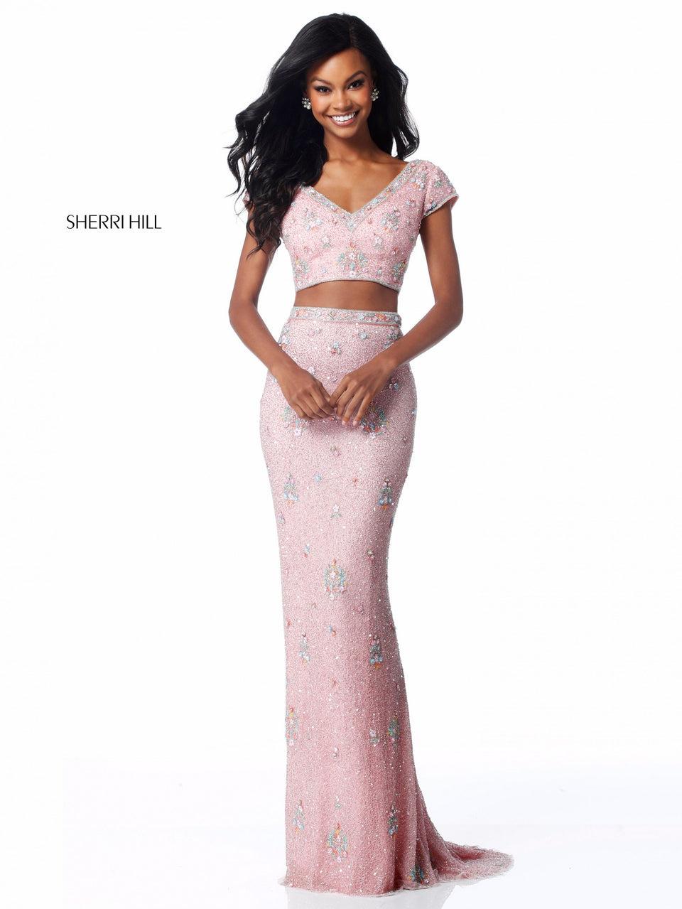 sherri hill Fitted beaded two piece with V neck and back