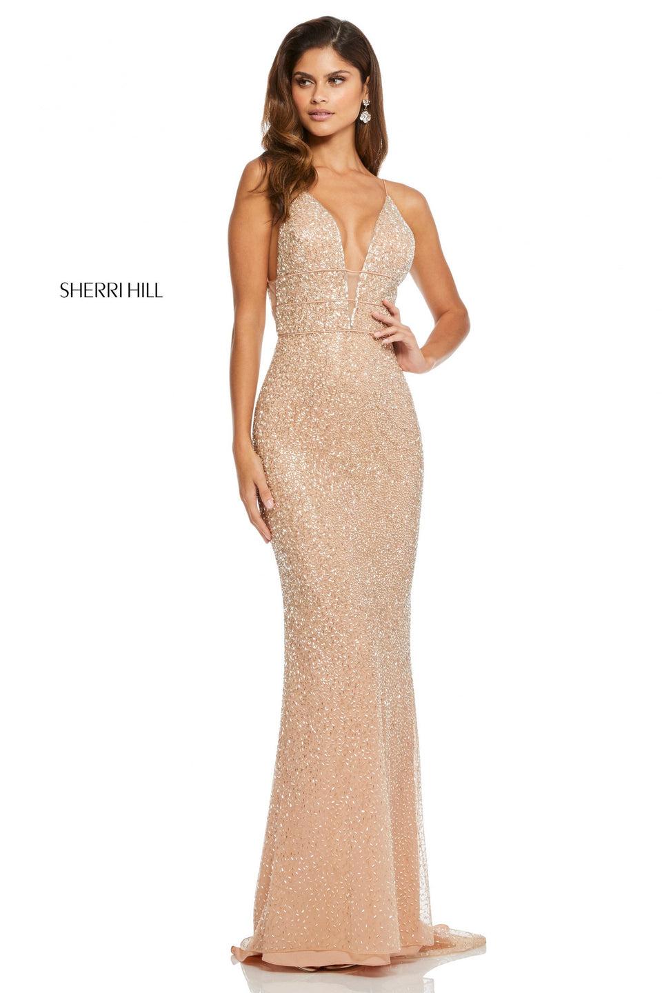 sherri hill Fitted bugle beaded gown with deep-V neckline and low back