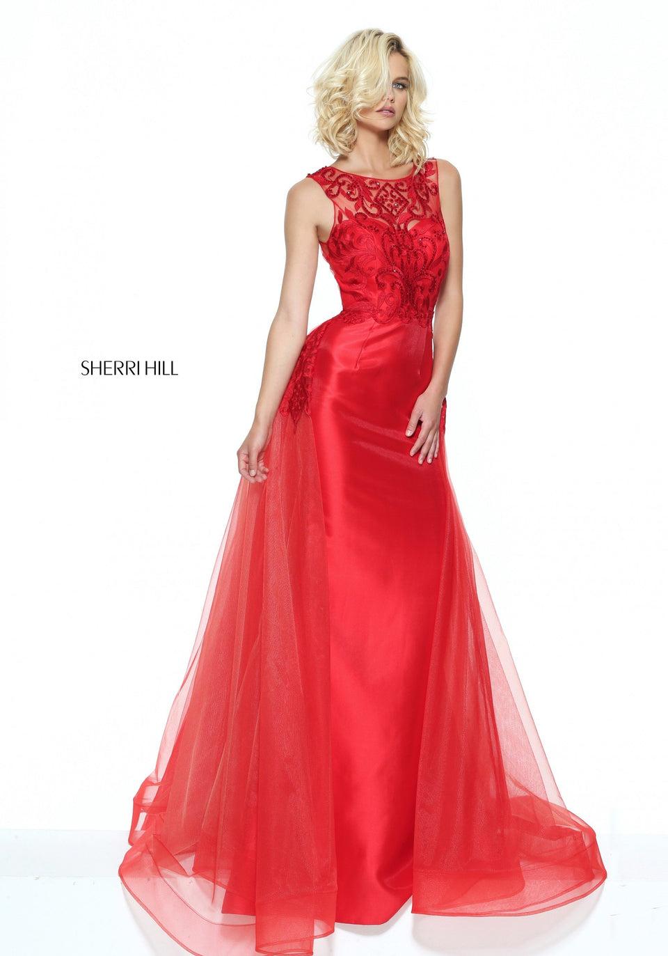 sherri hill Fitted column with a tulle over skirt and an open back