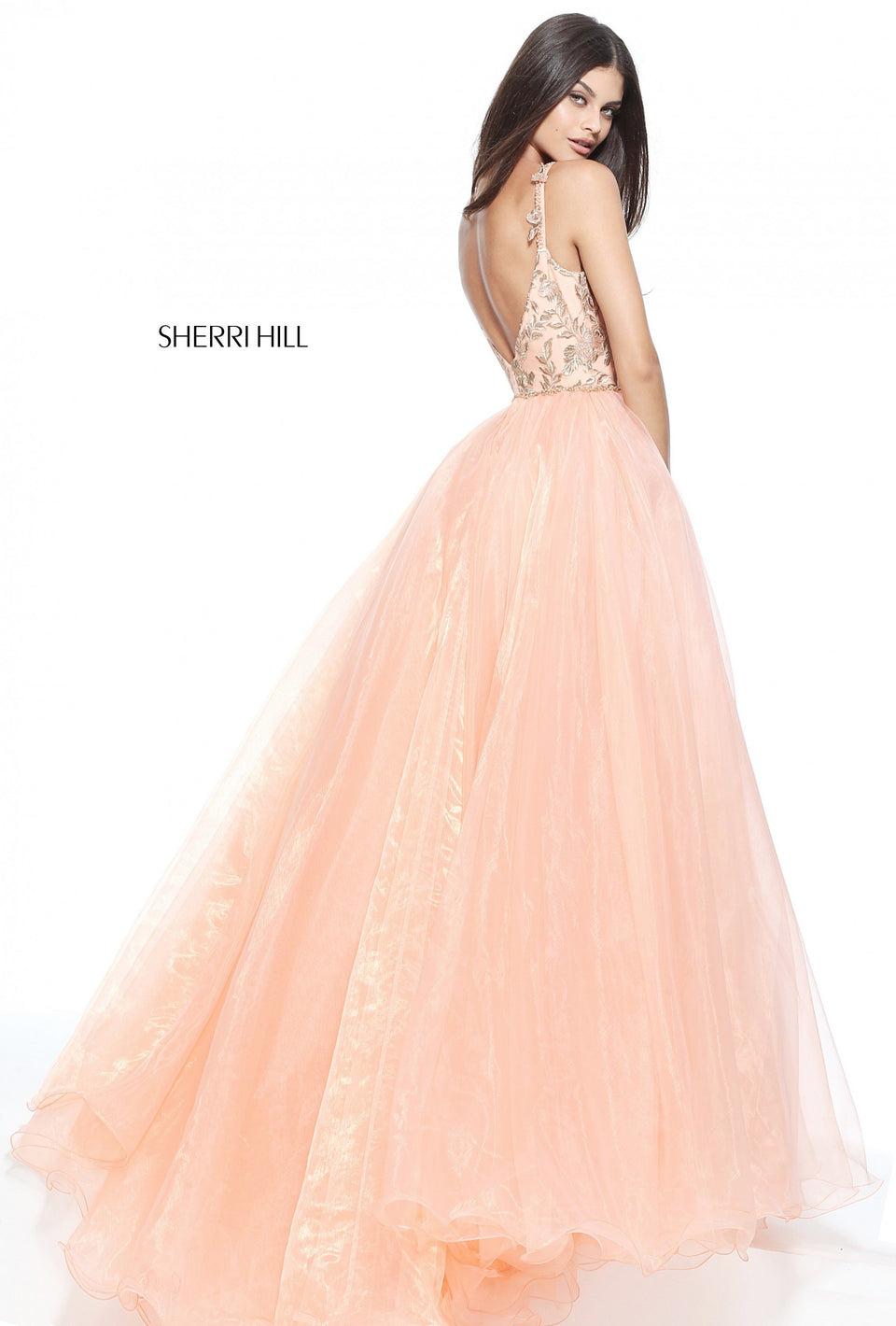 Sherri Hill Fitted Column With Gold Ivy Applique And An Organza Over Skirt