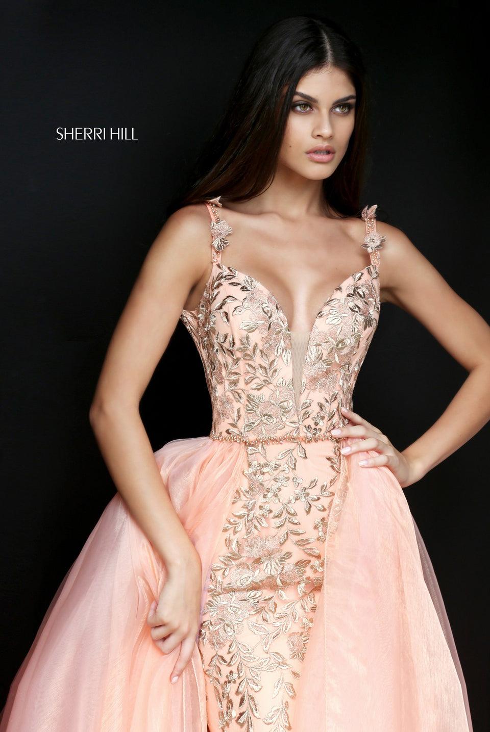 Sherri Hill Fitted Column With Gold Ivy Applique And An Organza Over Skirt