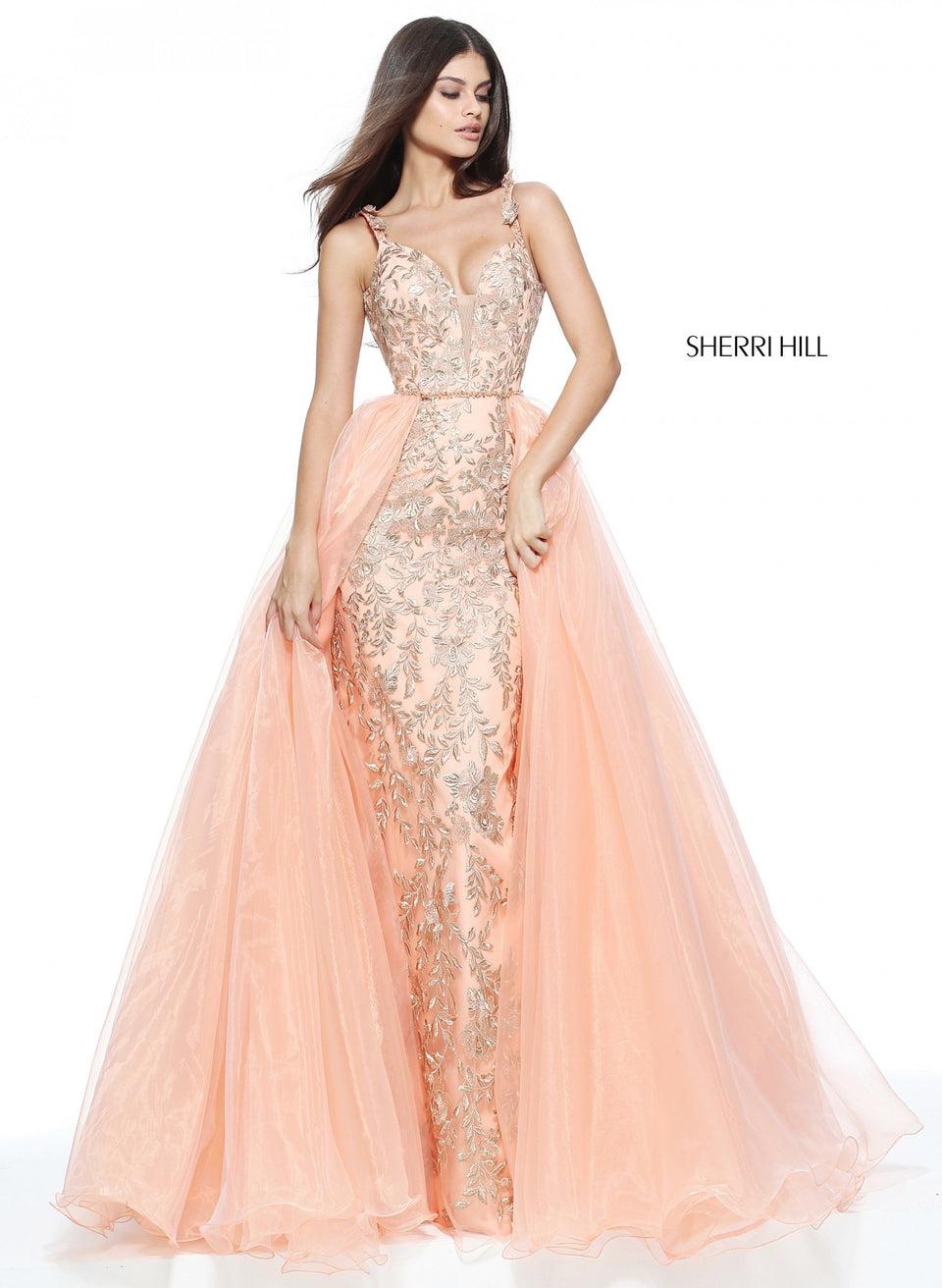 sherri hill Fitted column with gold ivy applique and an organza over skirt