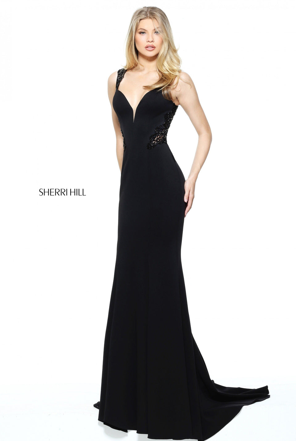 sherri hill Fitted crepe dress with beaded open back