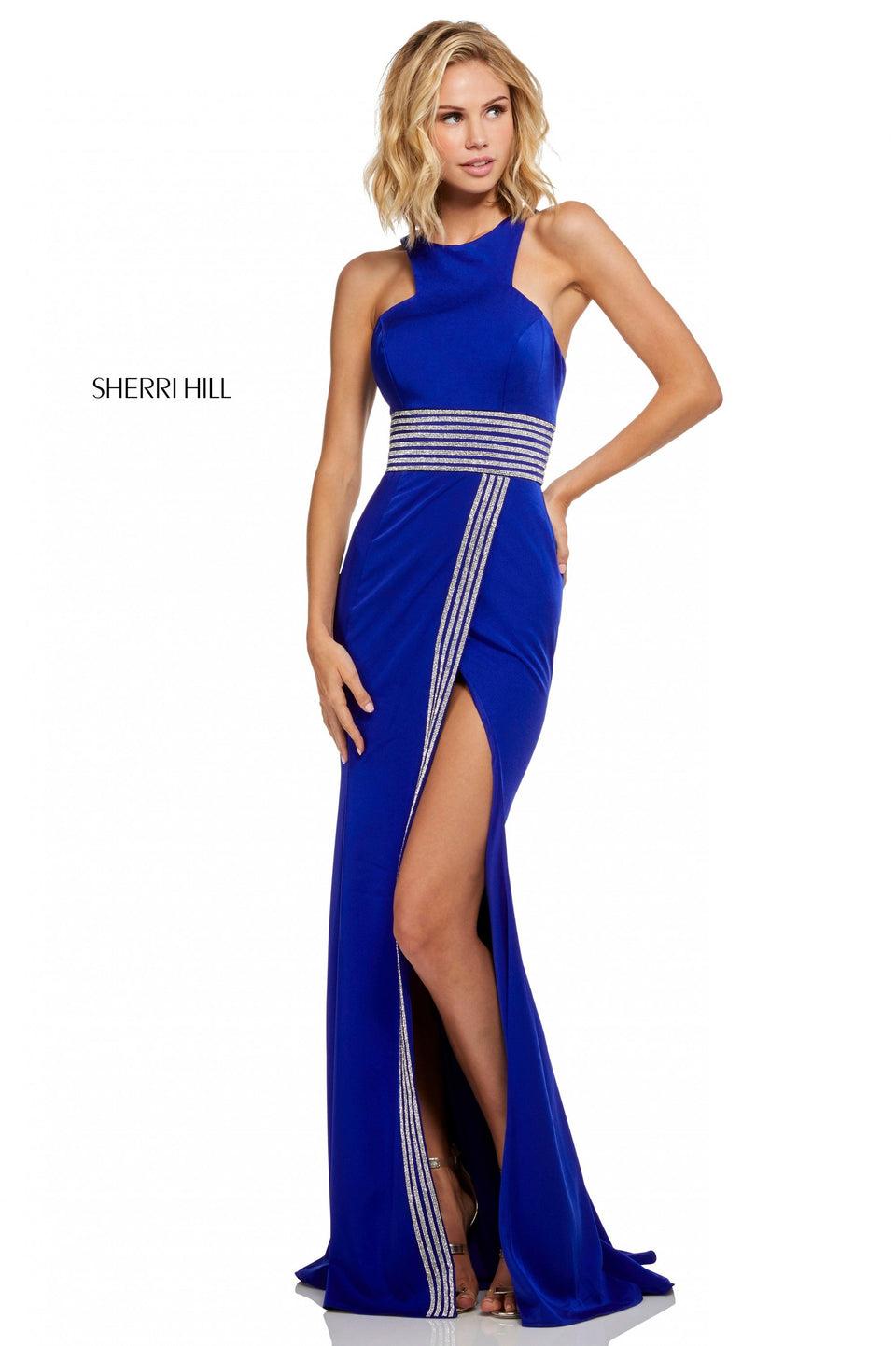 Sherri Hill Fitted Crepe Dress With Beaded Waistband And Slit