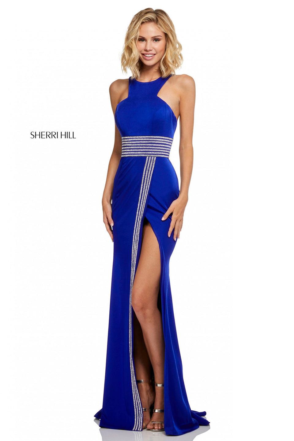 sherri hill Fitted crepe dress with beaded waistband and slit