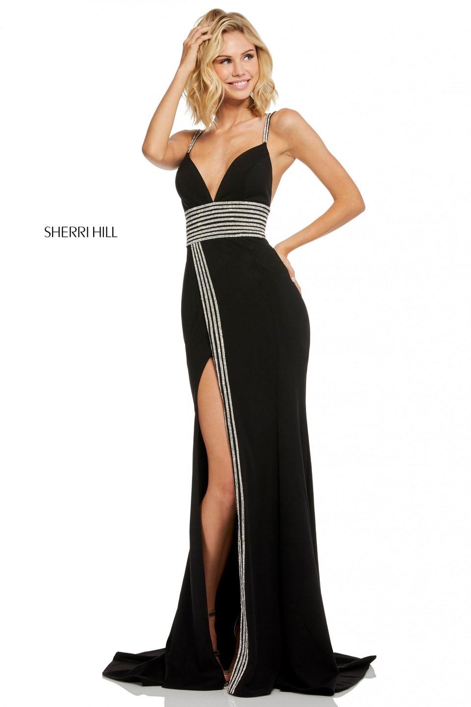 sherri hill Fitted crepe dress with beaded waistband and slit