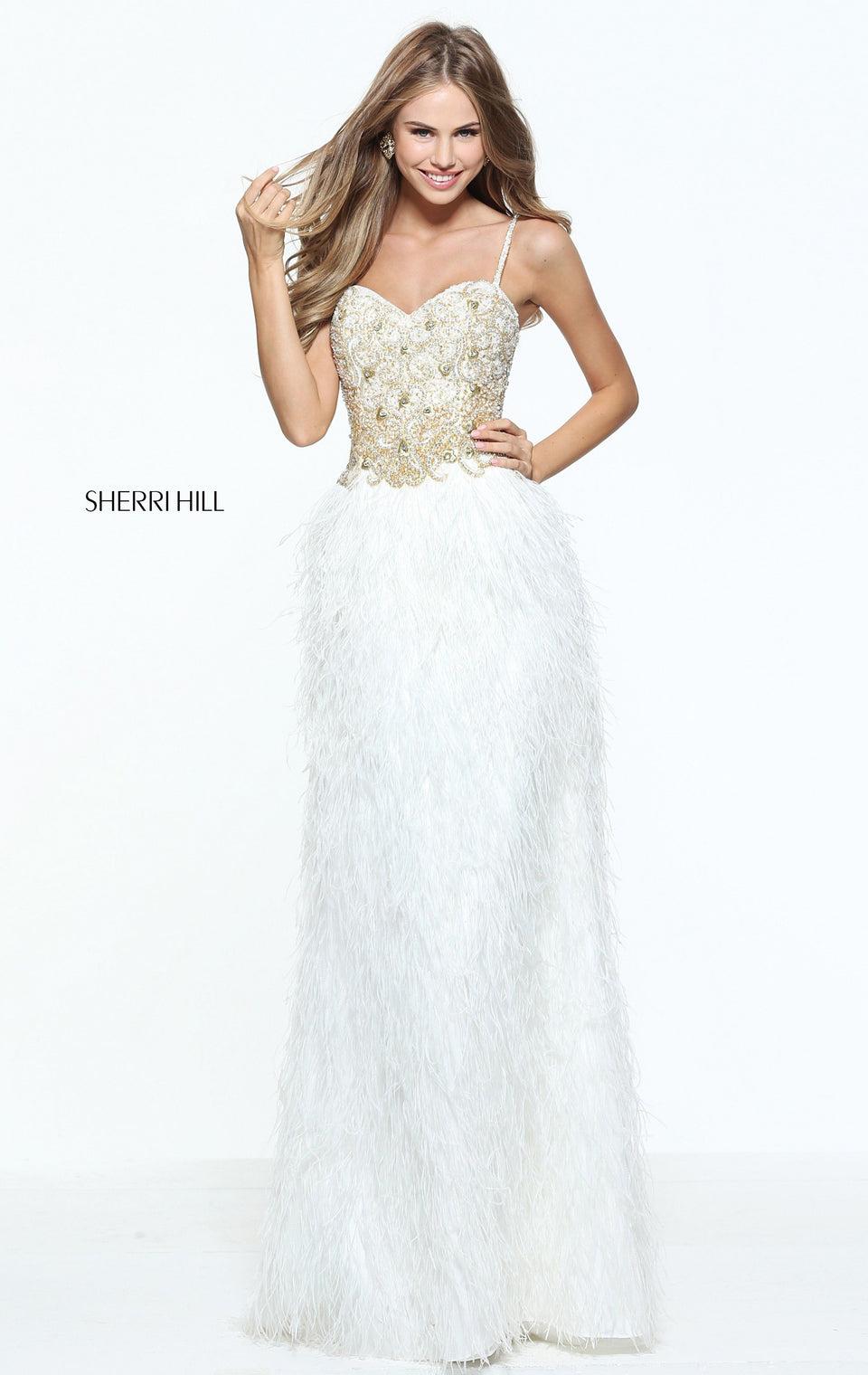sherri hill Fitted feather skirt with a beaded bodice