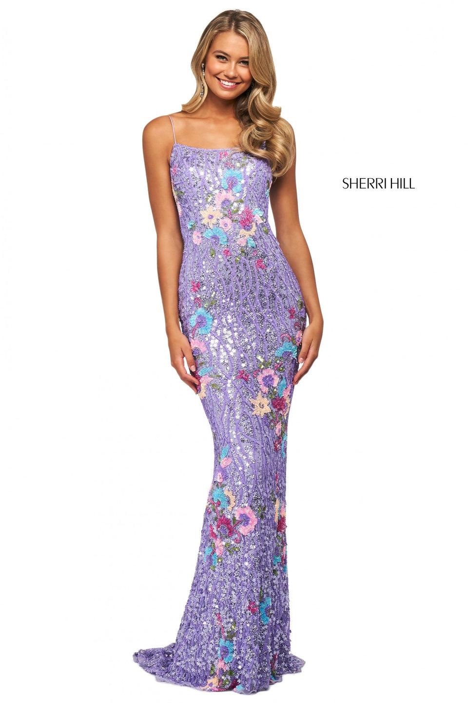 sherri hill Fitted floral print beaded gown with spaghetti straps and lace up back