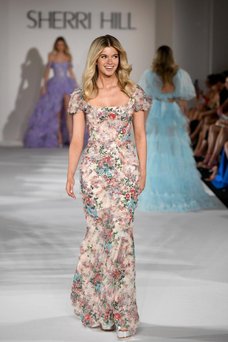 Sherri Hill Fitted Floral Print Gown With Floral Beaded Embellishments Corset Boning And Ballon Cap Sleeves