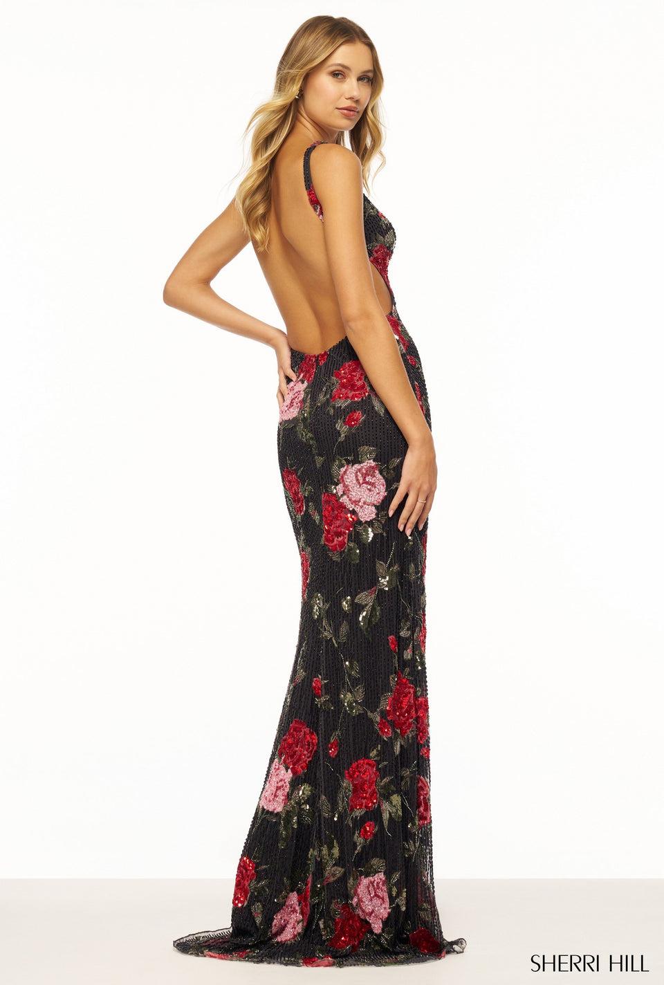 Sherri Hill Fitted Floral Sequins Gown With Deep V Neckline Open Back And High Slit