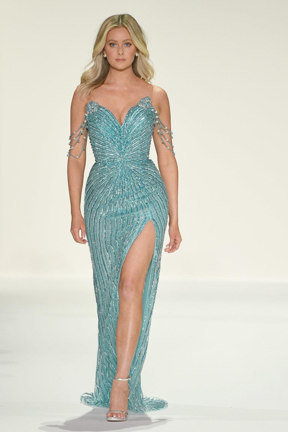 sherri hill Fitted fully beaded gown with off the shoulder straps and a skirt slit
