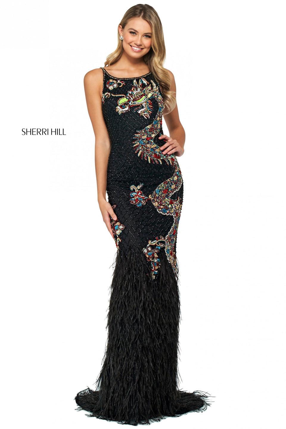 sherri hill Fitted gown with chevron beading beaded dragon pattern ostrich feathers at bottom and lace up back