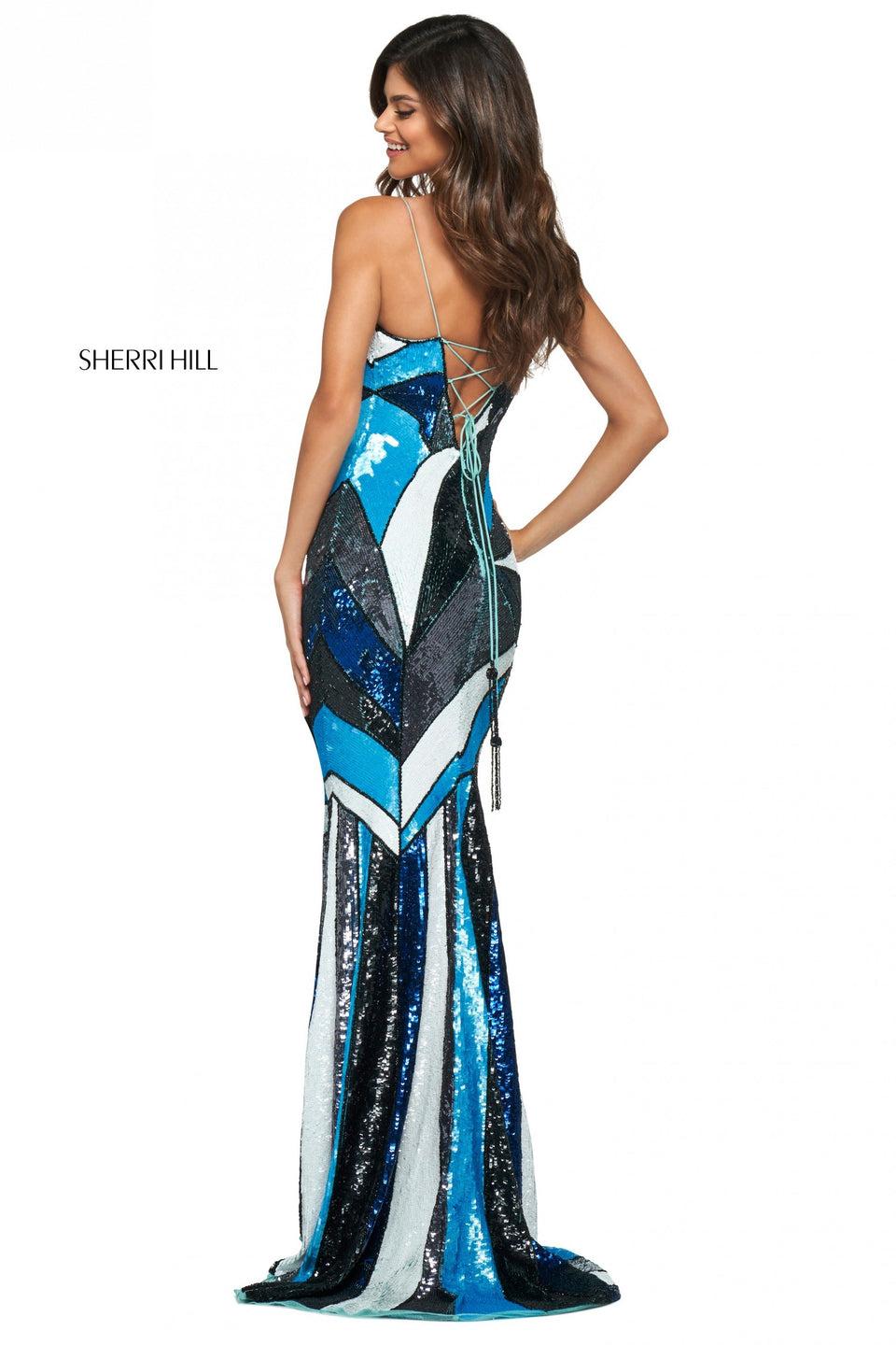 Sherri Hill Fitted Gown With Geometric Pattern Sequins V Neckline Lace Up Back And Skirt Slit