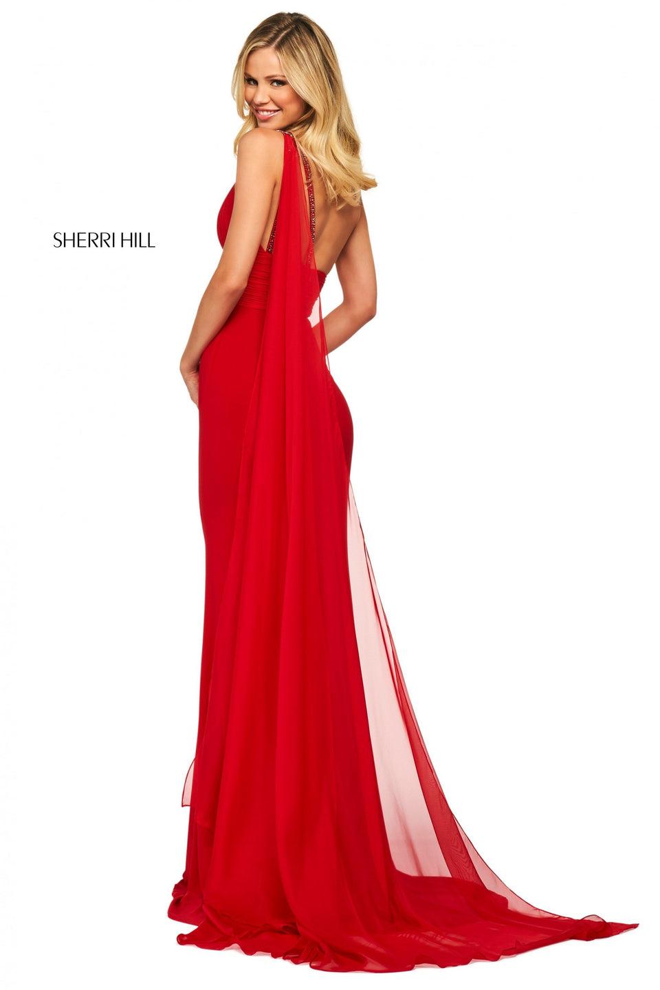 Sherri Hill Fitted Gown With Ruched One Shoulder Bodice With Shoulder Embellishements Long Chiffon Train Coming Off Shoulder And Wrap Skirt With Slit