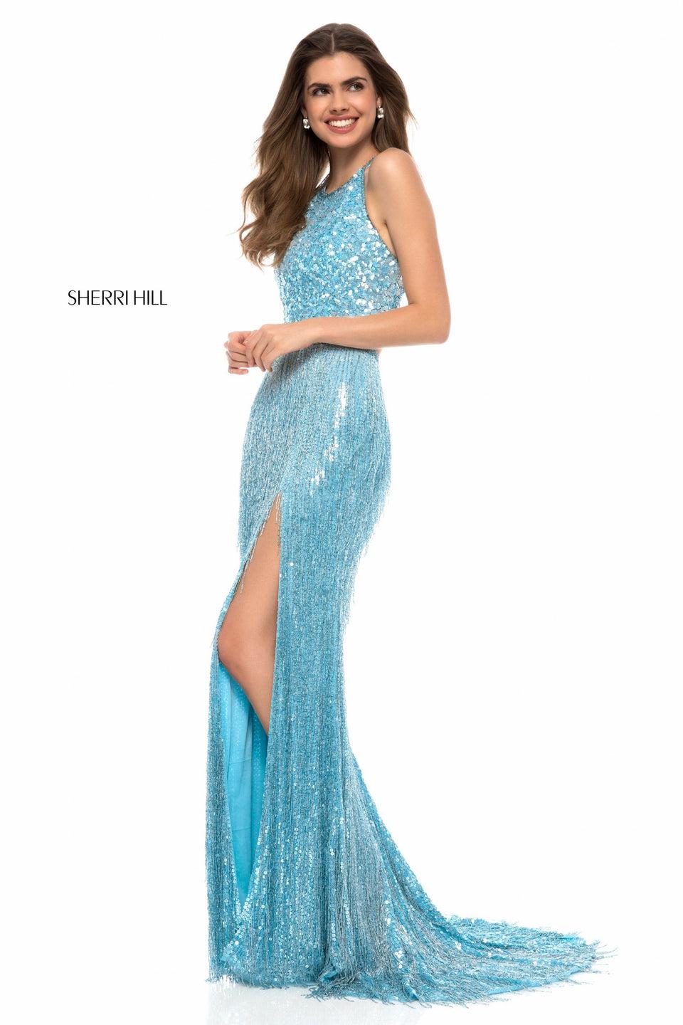 Sherri Hill Fitted Gown With Sequin Halter Bodice And Beaded Fringe Slit Skirt