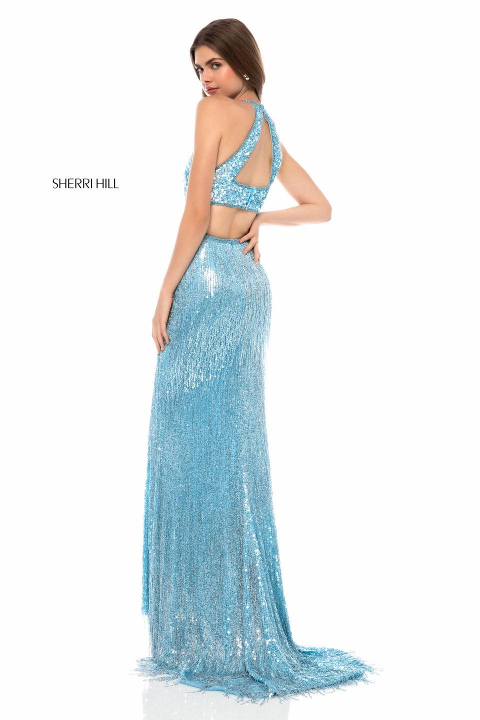 Sherri Hill Fitted Gown With Sequin Halter Bodice And Beaded Fringe Slit Skirt