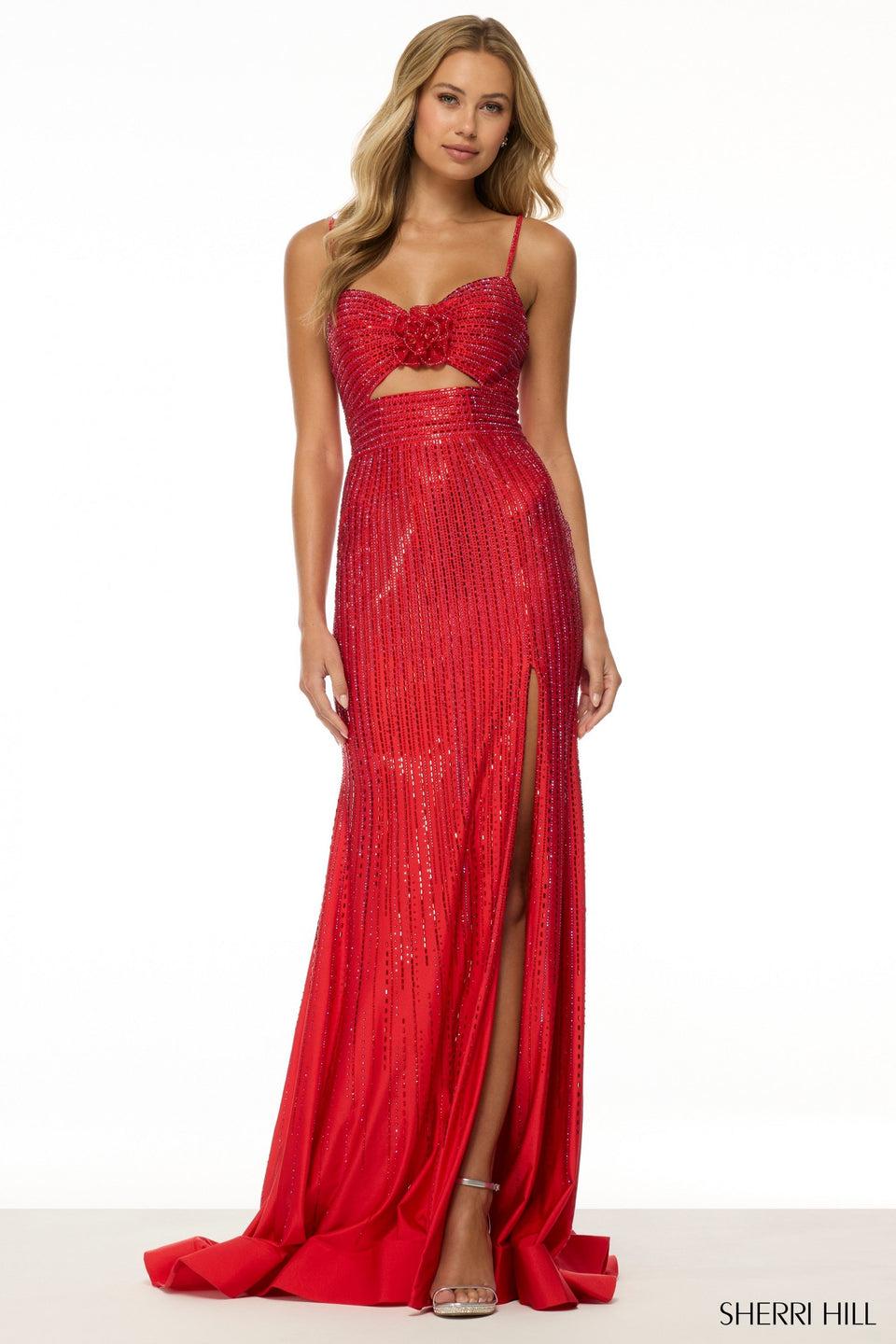 sherri hill Fitted hot fix gown with keyhole skirt slit and a rosette embellishment