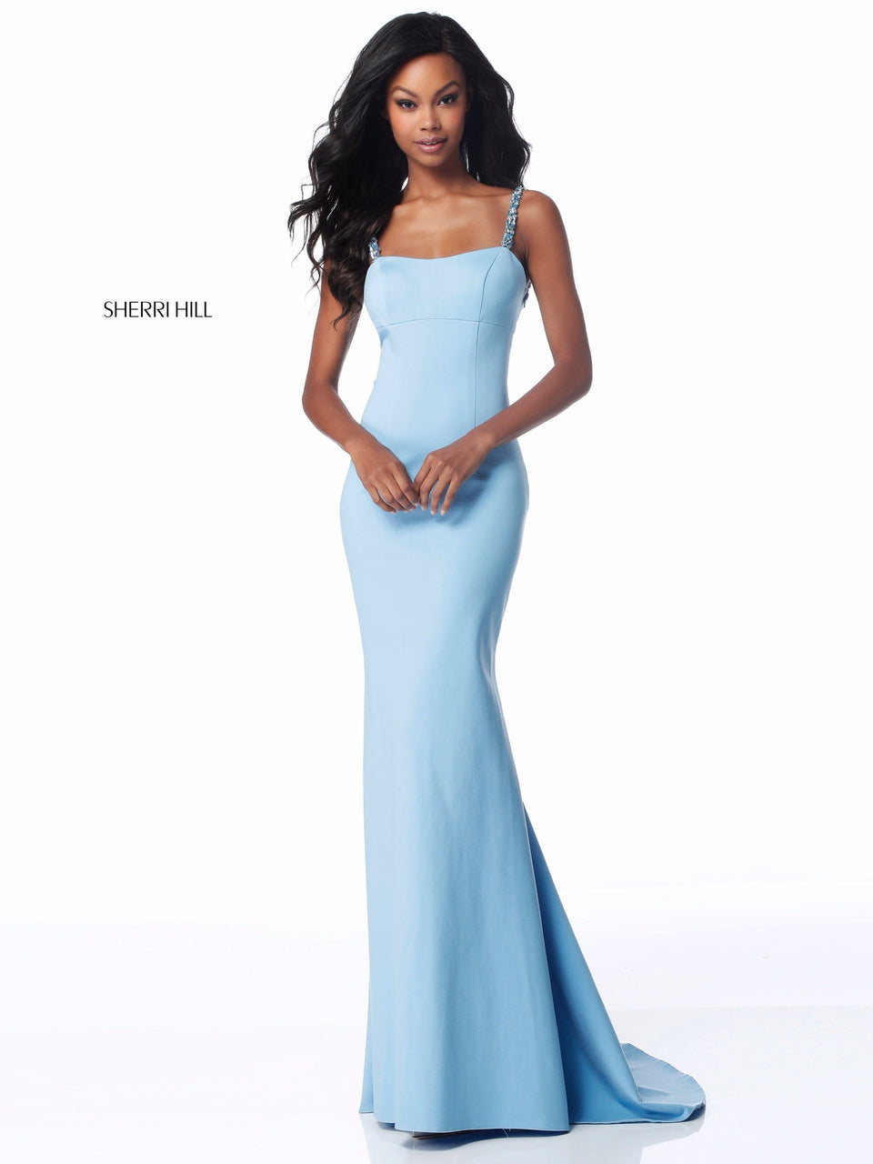 Sherri Hill Fitted Jersey Gown With Bead Encrusted Straps