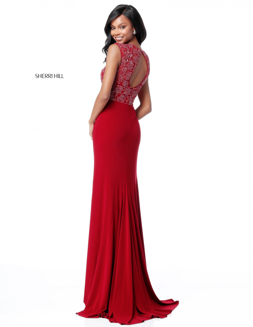 Sherri Hill Fitted Jersey Gown With Beaded Bodice And Cut Out Back