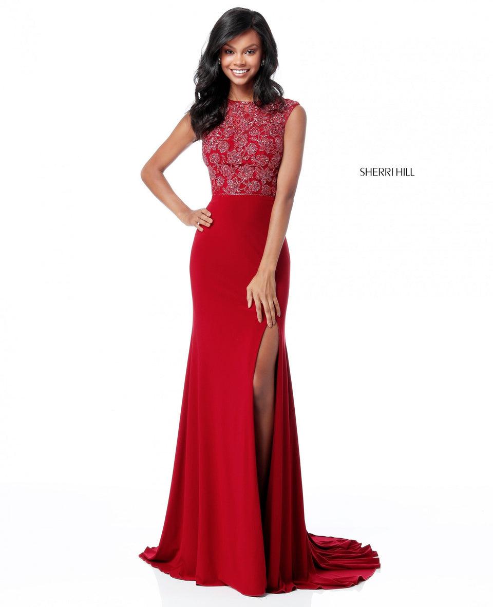 sherri hill Fitted jersey gown with beaded bodice and cut out back