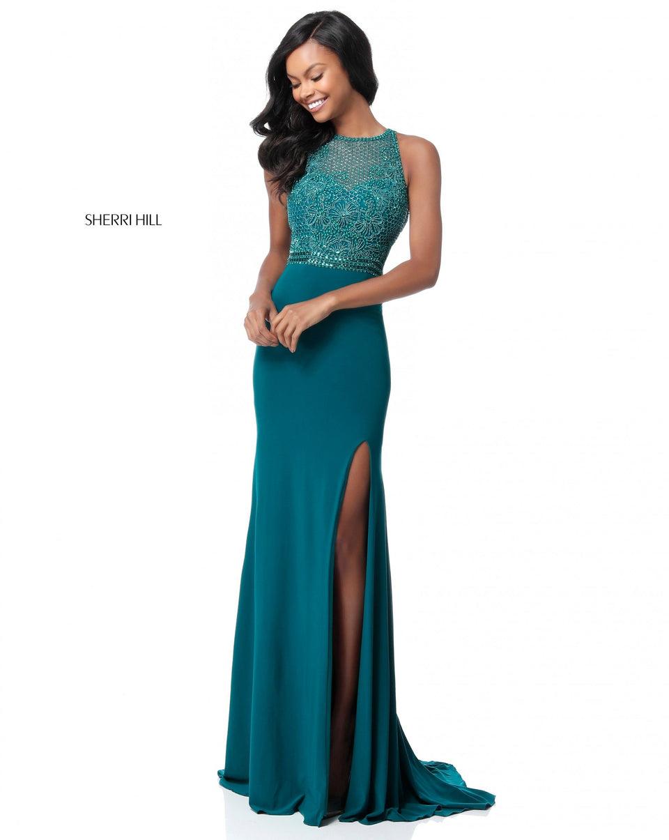 Sherri Hill Fitted Jersey Gown With Beaded High Neck Bodice And Open Back