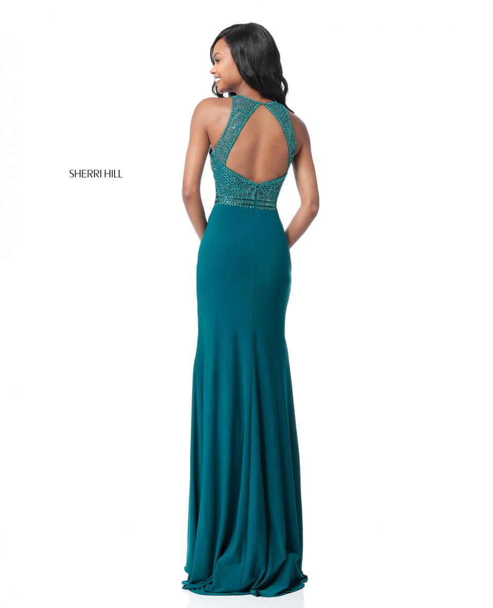 Sherri Hill Fitted Jersey Gown With Beaded High Neck Bodice And Open Back