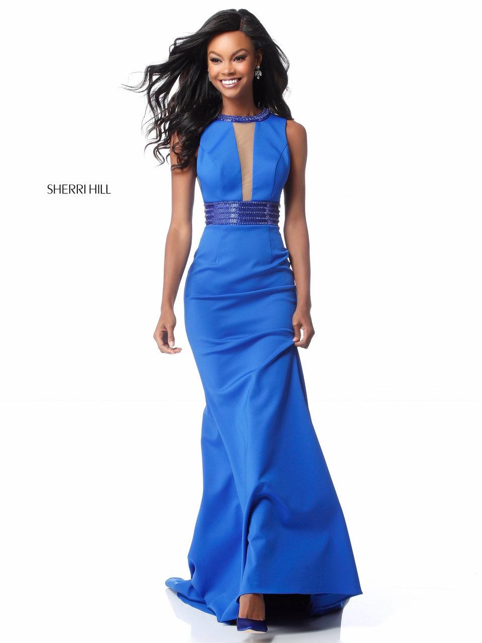 Sherri Hill Fitted Jersey Gown With Cut Out Bodice And Bead Encrusted Neck And Belt