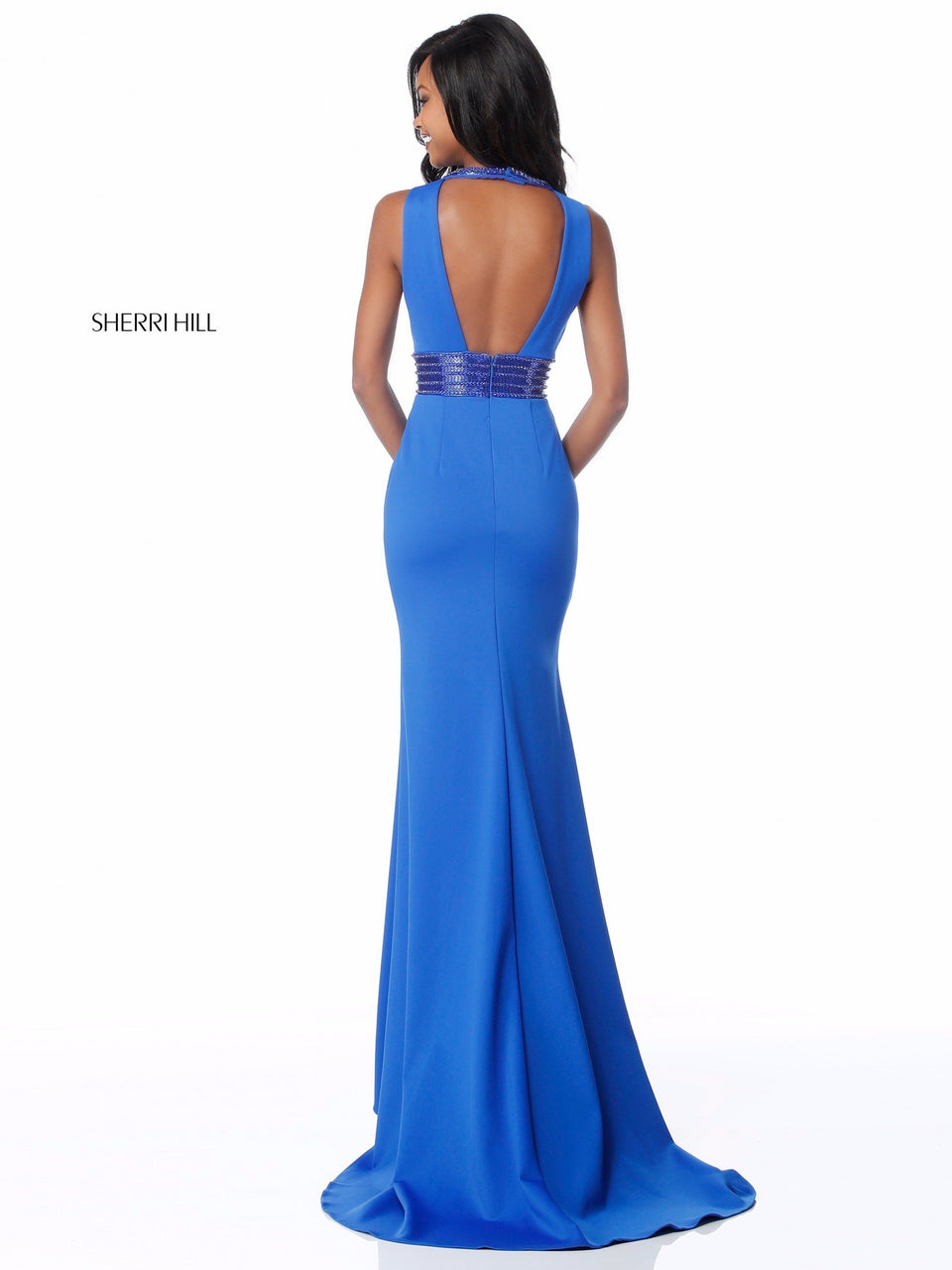 Sherri Hill Fitted Jersey Gown With Cut Out Bodice And Bead Encrusted Neck And Belt